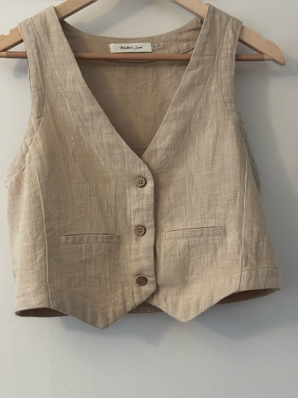 Mustard Seed Beige Linen Blend Button Vest